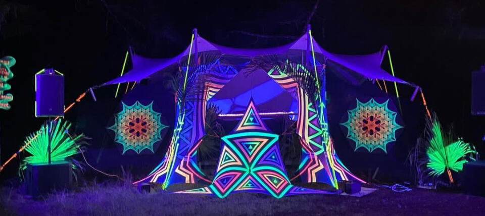 Neon uv decor party lycra, uv furniture, drapes, lighting, tiki bars, magical backyard party